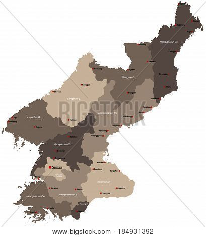 Large and detailed map of North Korea with regions and main cities.