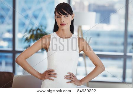 Portrait of confident executive stnding with hands on hip in office