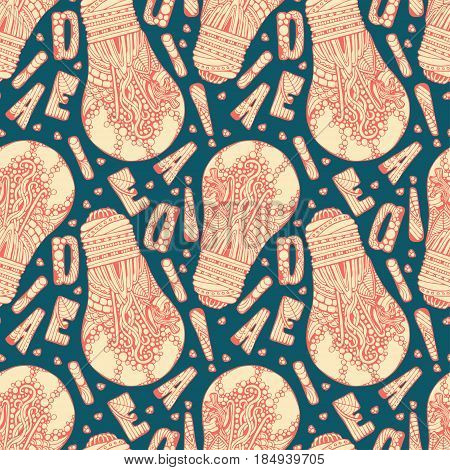 Decorative ornate hand drawn light bulb with bubbles leaves and waves ornate letters idea word and dotts. Seamless pattern. Creative background