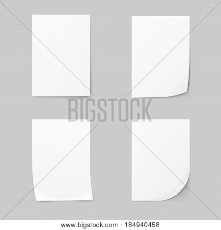 Realistic Collection white sheet of paper. A4 format paper set. 3d Vector illustration .Isolated on background.