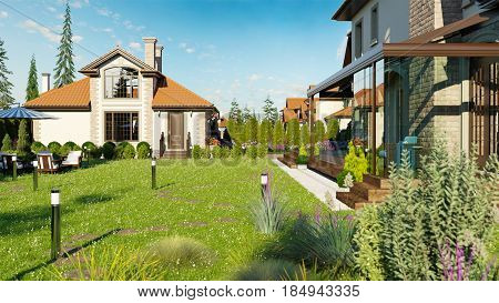 luxury family house with landscaping on the backyard double garage sauna barbecue gazebo large green lawn playground for children. 3d rendering