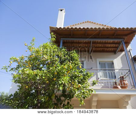 house with lemon tree and blue sky in Greek town of kardamili on peloponnese in spring