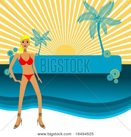 Вектор - девушка в бикини позирование перед paradise island, копию места для вставки текста.
