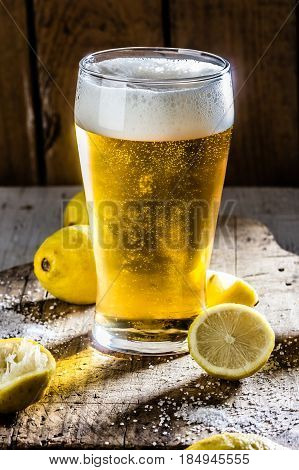 Ingredientes fof mexican chilean drink Mechelada - beer, lemon and salt