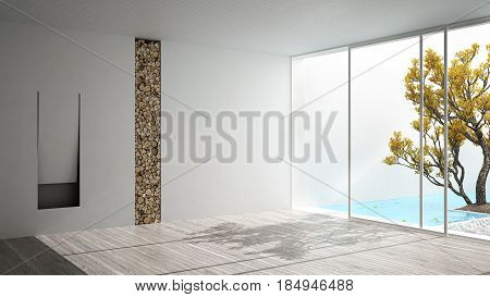 Empty room with fireplace and big panoramic window on garden and swimming pool white minimalist interior design, 3d illustration