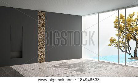 Empty room with fireplace and big panoramic window on garden and swimming pool white and gray minimalist interior design, 3d illustration