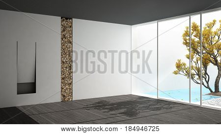 Empty room with fireplace and big panoramic window on garden and swimming pool white and gray minimalist interior design, 3d illustration