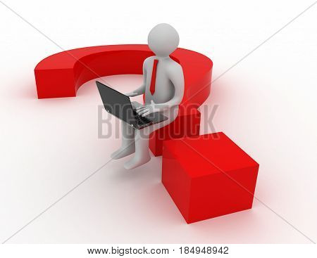 3d man sits on the question mark . 3D rendered illustration