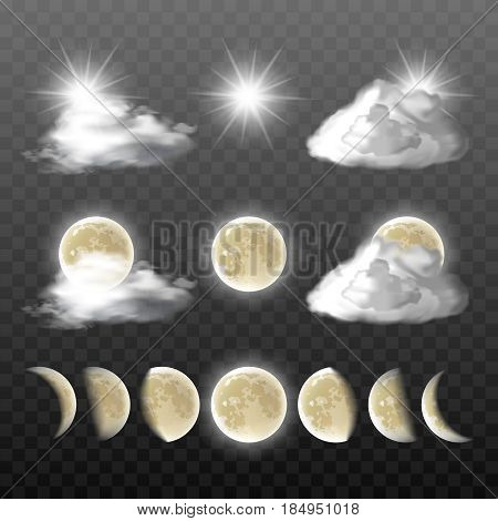 Set of vector realistic weather icons - sun, clouds, moon in different phases, isolated on transparent background
