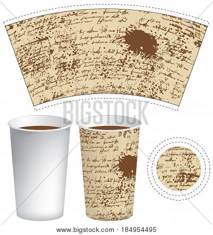 vector template paper cup for hot drink with the texture of manuscript with splashes and spots