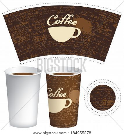 vector template paper cup for hot drink with cup of coffee on the background of manuscript with splashes and spots