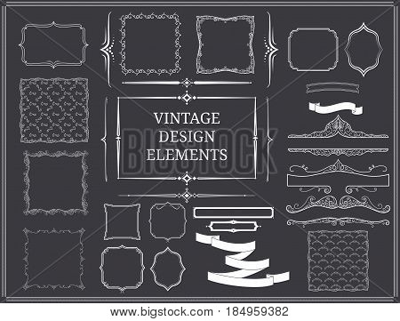 Vintage design elements set with ribbons elegant swirl ornaments borders and frames of different shapes isolated vector illustration