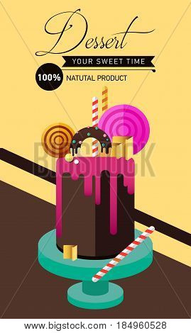 Birthday cake. Flat icon of colorul marzipan cake with lollipop, candy, licorice stick, chocolate, glaze, donut. Typography lettering like label. Modern hipster dessert