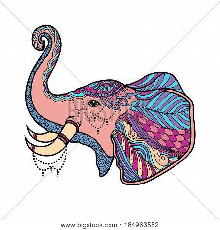 Elephant head Boho Illustration in zentangle doodles style. multicolored stylized elephant head tangled vector.