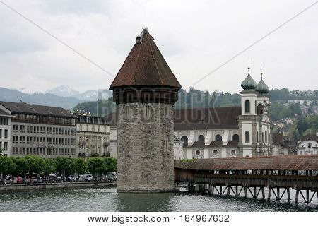 LUZERN SWITZERLAND - 05 May 2009: Chapel Bridge and Water Tower
