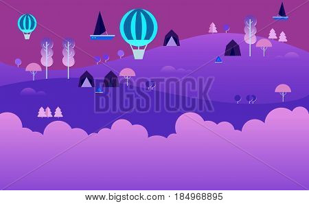 Landscape Infographics. Lake and Hills Hiking Route. Ecotourism. Flat illustration. nature and outdoor, park, garden. Ecology structure. Green energy, Fairytale background. Purples Magic night land