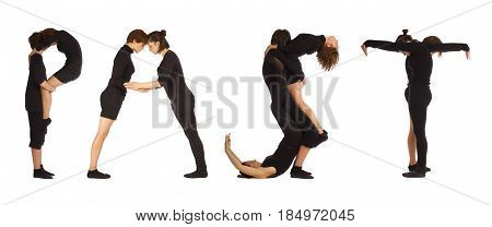 Black dressed people forming word PAST on white background