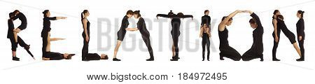 Black dressed people forming word RELATION on white background