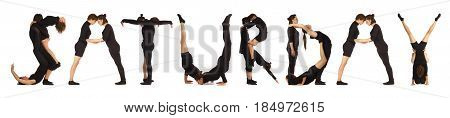 Black dressed people forming word SATURDAY on white background