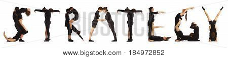 Black dressed people forming word STRATEGY on white background