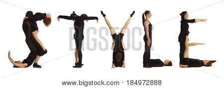 Black dressed people forming word STYLE on white background