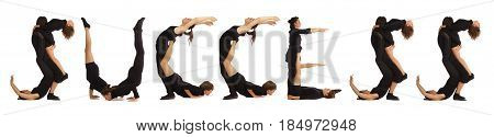 Black dressed people forming word SUCCESS on white background
