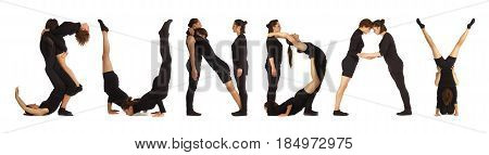 Black dressed people forming word SUNDAY on white background