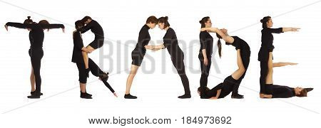 Black dressed people forming word TRADE on white background