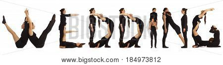 Black dressed people forming word WEEDING on white background
