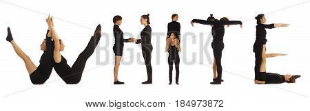 Black dressed people forming word WHITE on white background