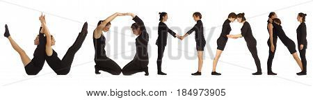 Black dressed people forming word WOMAN on white background
