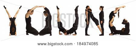 Black dressed people forming word YOUNG on white background