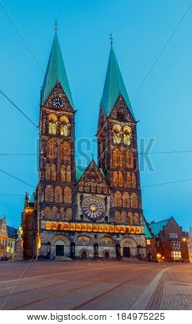 Old medieval market square in the historic part of the city. Bremen Cathedral. Bremen. Germany. Bavaria.