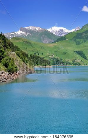 articicial lake in montain with Mont-Blanc background