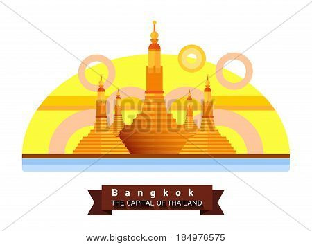 Bangkok, Thailand flat landscape of the city. Travel to Asia. Golden temple, statue of budhha. Cultural sights. Religion symbol.