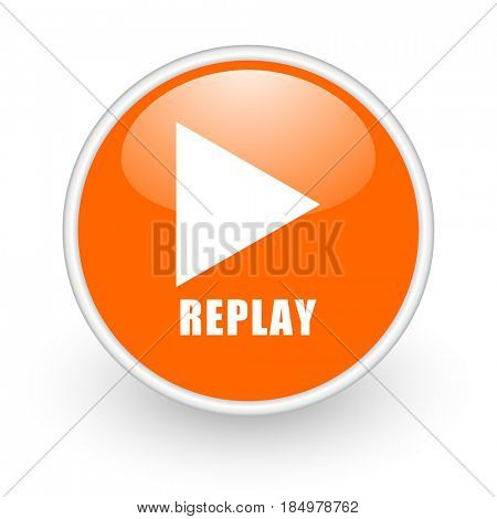 Replay modern design glossy orange web icon on white background.