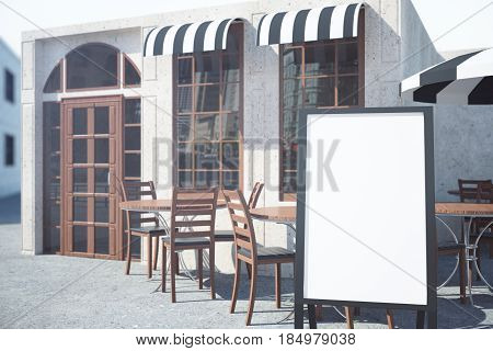 Side view of summer cafe veranda with empty whiteboard stand. Menu concept. Mock up 3D Rendering