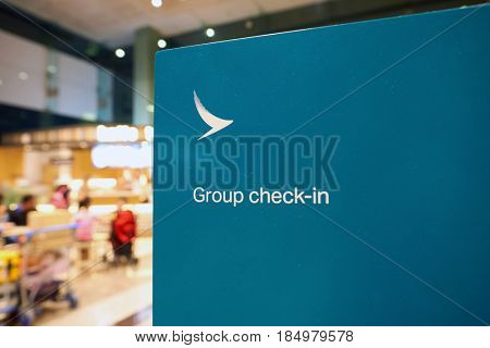 SINGAPORE - CIRCA AUGUST, 2016: close up shot of Cathay Pacific sign at Singapore Changi Airport.