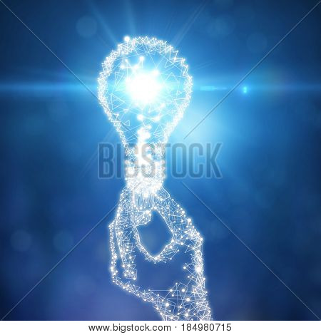 Polygonal hand holding illuminated light bulb on blue background. Idea concept. 3D Rendering