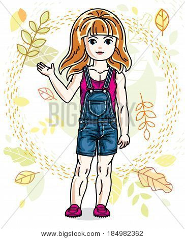 Cute happy little red-haired girl posing on background of autumn landscape and wearing fashionable casual clothes. Vector character.