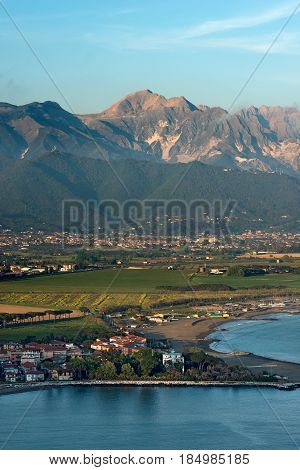 Versilia Coast with the Magra river the Ligurian sea the Apennines and the Apuan Alps. Tuscany Liguria Italy
