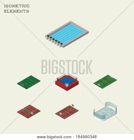 Isometric Competition Set Of Soccer, Fighting, American Football And Other Vector Objects. Also Includes Pool, Soccer, Playground Elements.