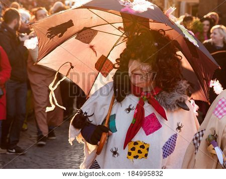 Prague, Czech Republic - April 30, 2017: Participants Of A Costumed Parade In The Streets Of Prague