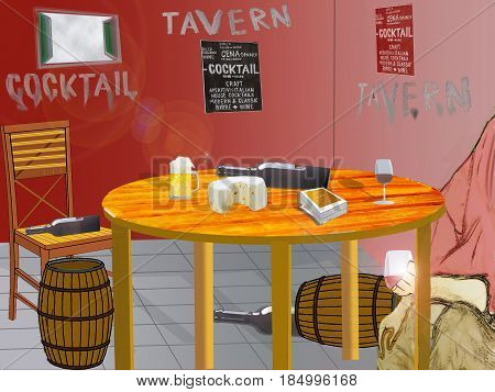 illustration of the interior of a tavern with a customer drinking wine