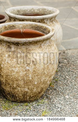 Vintage decorations antique design objects concept. Old fashioned ceramic clay vases bowls