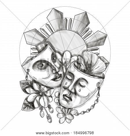 Tattoo style illustration showing a drama theater mask with hibiscus or rose mallow and arabian jasmine Jasminum sambac or sampaguita and Philippine sun in background.