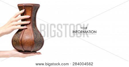 Wooden Vase In Hand Pattern On White Background Isolation