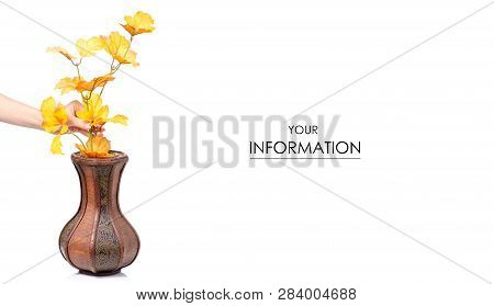 Wooden Vase Autumn Leaves In Hand Pattern On White Background Isolation