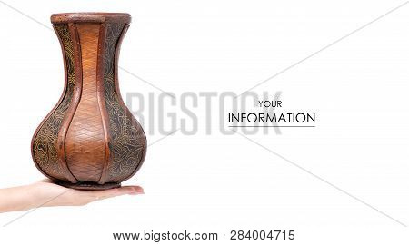 Wooden Vase In Hand Pattern On White Background Isolation