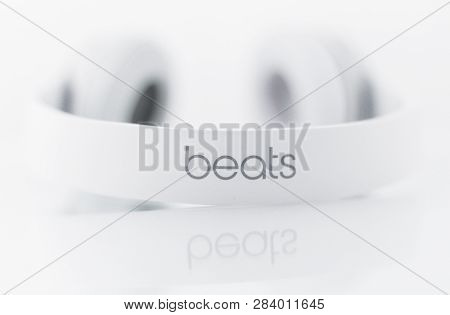 Topolcany, Slovakia - February 8 , 2019: Pair Of White Monster Beats (solo) Headphones Isolated On W